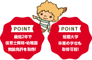 POINT 最短2年で保育士資格・幼稚園教諭免許を取得！ POINT 短期大学卒業の学位も取得可能！