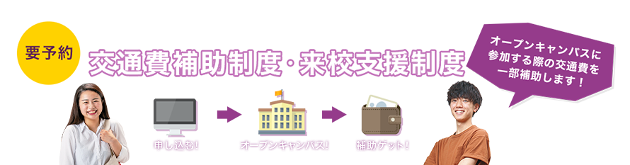 要予約 あなたの進路を応援！！ 交通費補助制度・来校支援制度 オープンキャンパスに参加する際の交通費を一部補助します！