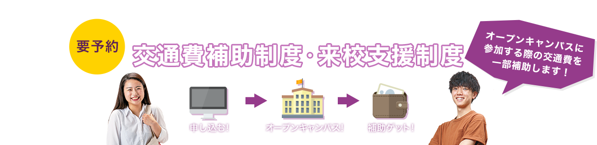 要予約 あなたの進路を応援！！ 交通費補助制度・来校支援制度 オープンキャンパスに参加する際の交通費を一部補助します！