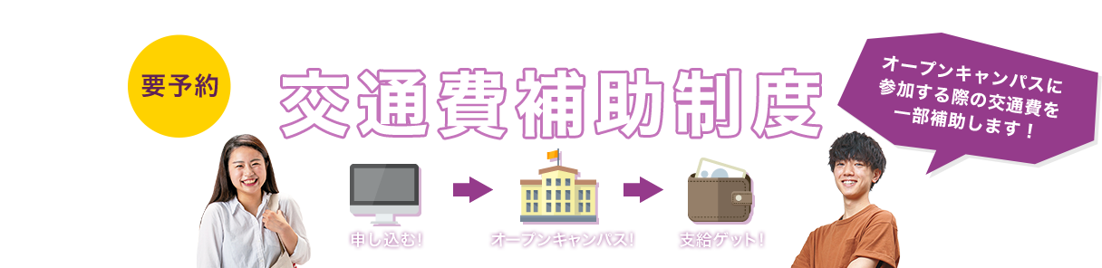 要予約 あなたの進路を応援！！交通費補助制度 オープンキャンパスに参加する際の交通費を補助します！