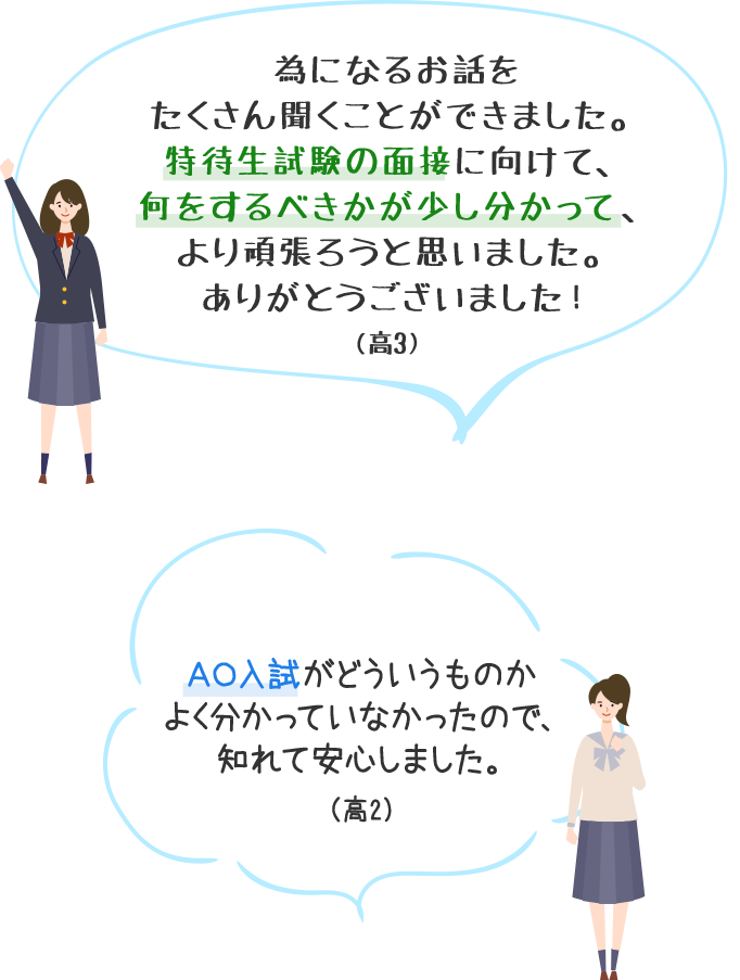 為になるお話をたくさん聞くことができました。特待生試験の面接に向けて、何をするべきかが少し分かって、より頑張ろうと思いました。ありがとうございました！（高3）　ＡＯ入試がどういうものかよく分かっていなかったので、知れて安心しました。（高2）