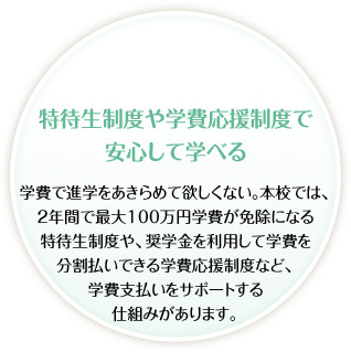 特待生制度や学費応援制度で安心して学べる。学費で進学をあきらめて欲しくない。本校では、3年間で最大150万円学費が免除になる特待生制度や、奨学金を利用して学費を分割払いできる学費応援制度など、学費支払いをサポートする仕組みがあります。