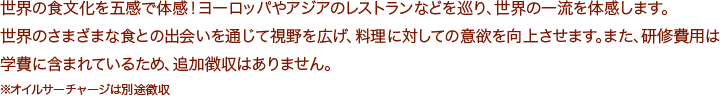 世界の食文化を五感で体感！ヨーロッパやアジアのレストランなどを巡り、世界の一流を体感します。
世界のさまざまな食との出会いを通じて視野を広げ、料理に対しての意欲を向上させます。また、研修費用は学費に含まれているため、追加徴収はありません。
※オイルサーチャージは別途徴収