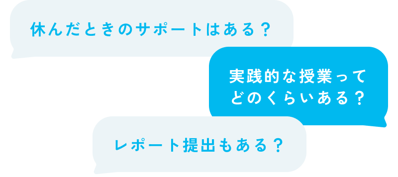 休んだときのサポートはある？ 実践的な授業ってどのくらいある？ レポート提出もある？