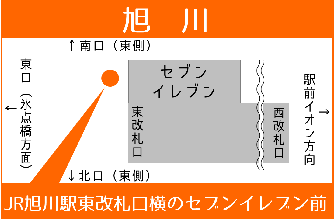 地図:旭川(JR旭川駅東改札口横のセブンイレブン前)