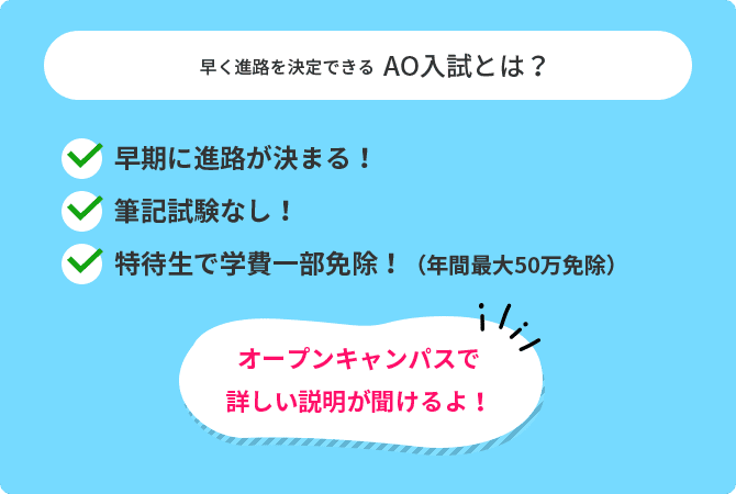 早く進路を決定できるAO入試とは?早期に進路が決まる!筆記試験なし!特待生で学費一部免除!(年間最大50万免除)オープンキャンパスで詳しい説明が聞けるよ!