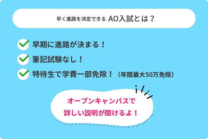 早く進路を決定できるAO入試とは？早期に進路が決まる！筆記試験なし！特待生で学費一部免除！（年間最大50万免除）オープンキャンパスで詳しい説明が聞けるよ！