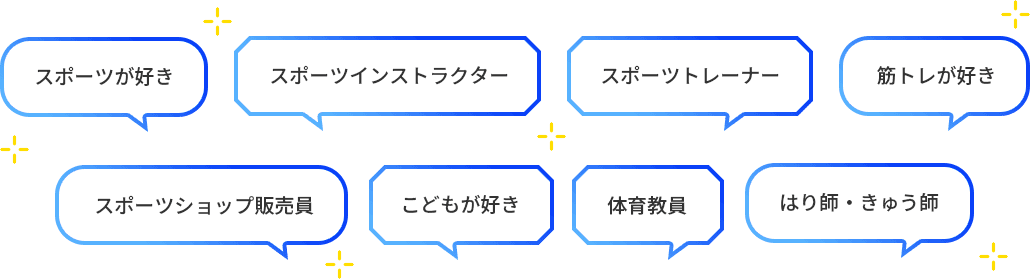 「スポーツが好き」「スポーツインストラクター」「スポーツトレーナー」「スポーツトレーナー」「筋トレが好き」「スポーツショップ販売員」「こどもが好き」「体育教員」「はり師・きゅう師」