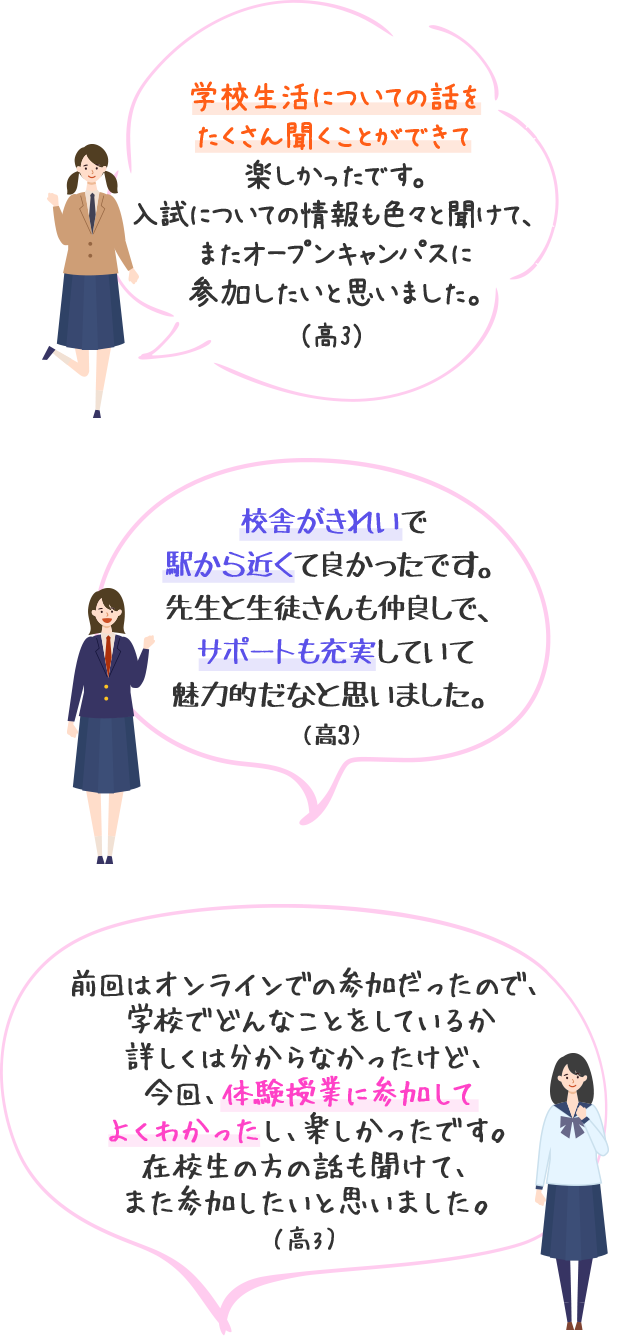 学校生活についての話をたくさん聞くことができて楽しかったです。入試についての情報も色々と聞けて、またオープンキャンパスに参加したいと思いました。（高3）　校舎がきれいで駅から近くて良かったです。先生と生徒さんも仲良しで、サポートも充実していて魅力的だなと思いました。（高3）　前回はオンラインでの参加だったので、学校でどんなことをしているか詳しくは分からなかったけど、今回、体験授業に参加してよくわかったし、楽しかったです。在校生の方の話も聞けて、また参加したいと思いました。（高3）