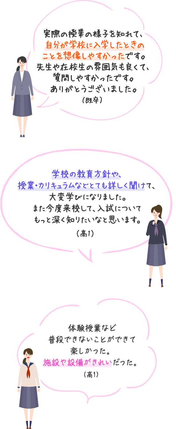 実際の授業の様子を知れて、自分が学校に入学したときのことを想像しやすかったです。先生や在校生の雰囲気も良くて、質問しやすかったです。ありがとうございました。（既卒）　学校の教育方針や、授業・カリキュラムなどとても詳しく聞けて、大変学びになりました。また今度来校して、入試についてもっと深く知りたいなと思います。（高1）　体験授業など普段できないことができて楽しかった。施設や設備がきれいだった。（高1）