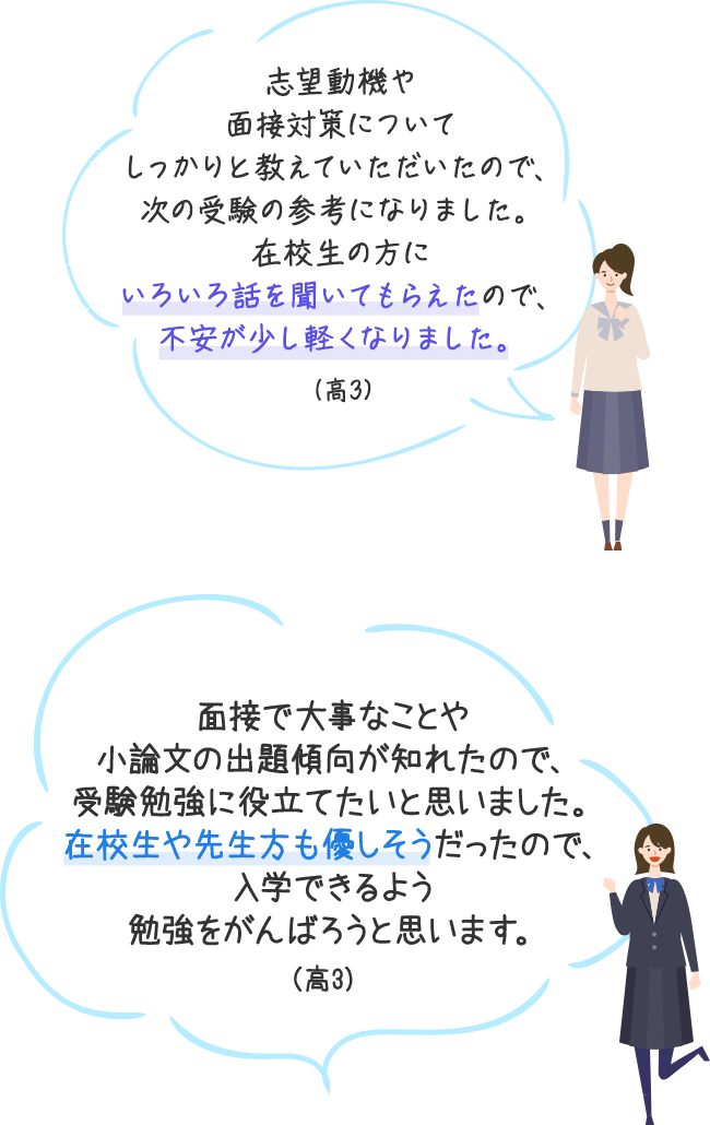 志望動機や面接対策についてしっかりと教えていただいたので、次の受験の参考になりました。在校生の方にいろいろ話を聞いてもらえたので、不安が少し軽くなりました。（高3）　面接で大事なことや小論文の出題傾向が知れたので、受験勉強に役立てたいと思いました。在校生や先生方も優しそうだったので、入学できるよう勉強をがんばろうと思います。（高3）