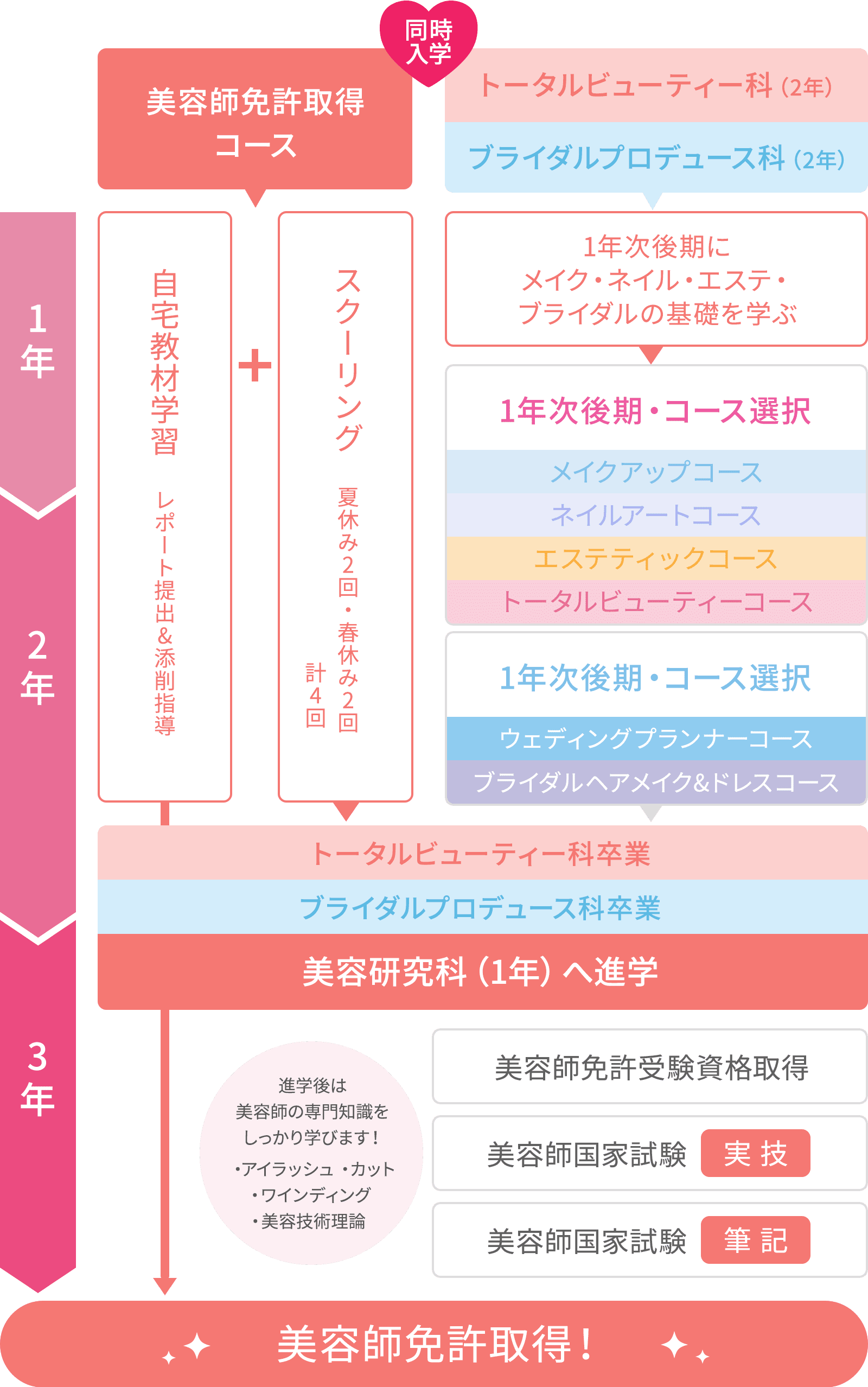 図：美容師免許取得コース併修 3年間の流れ