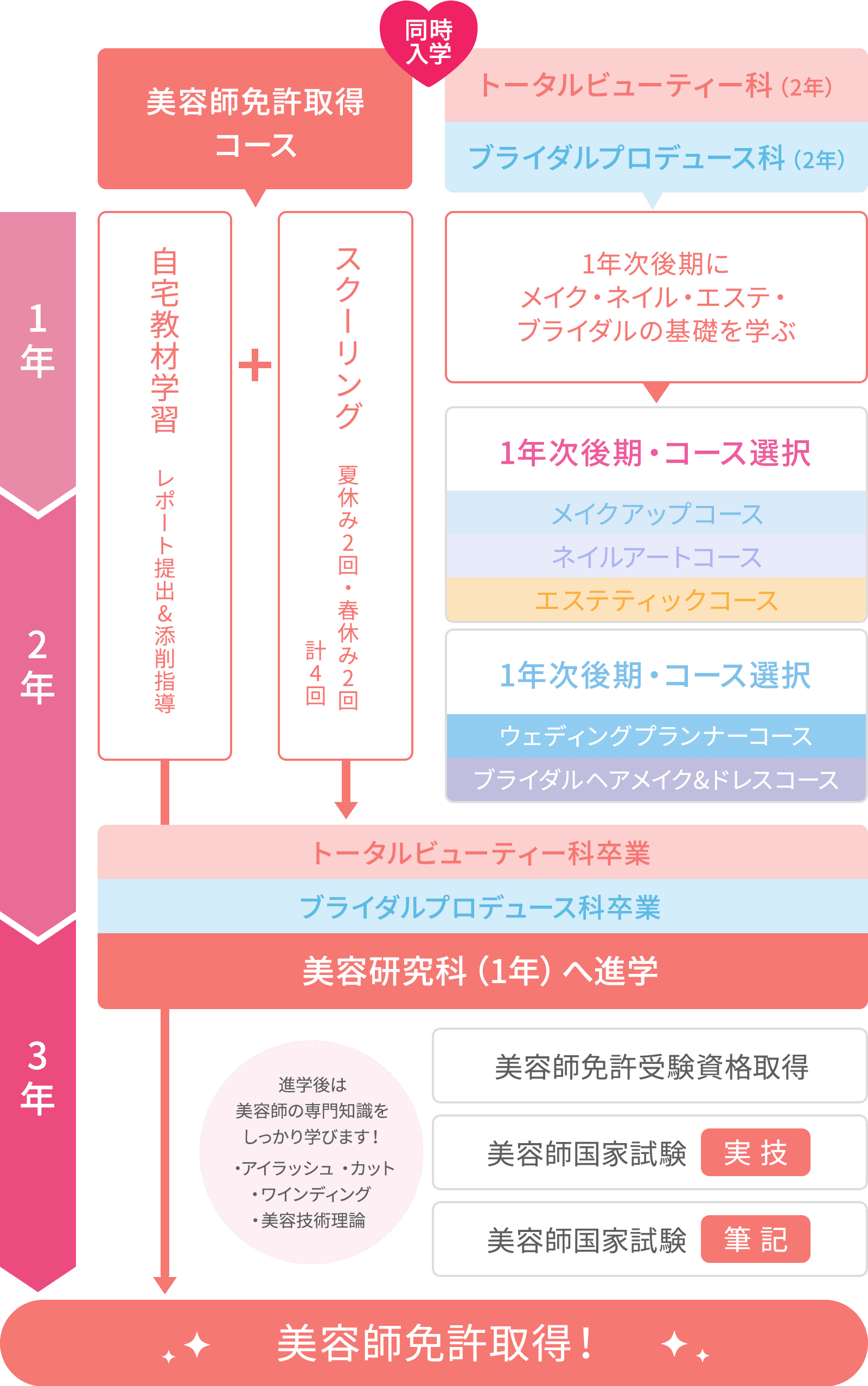 図：美容師免許取得コース併修 3年間の流れ