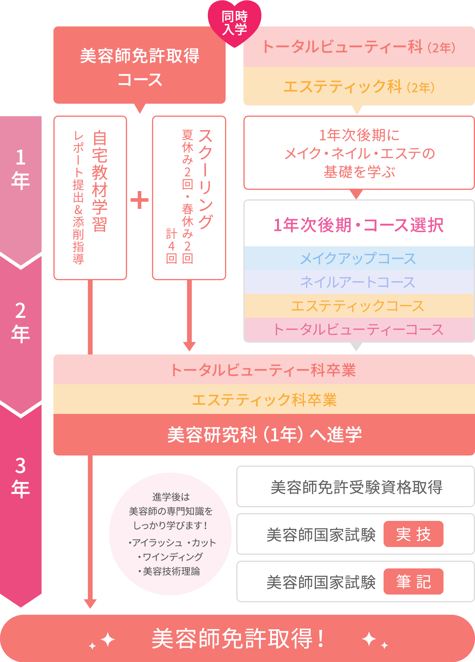 図：美容師免許取得コース併修 3年間の流れ