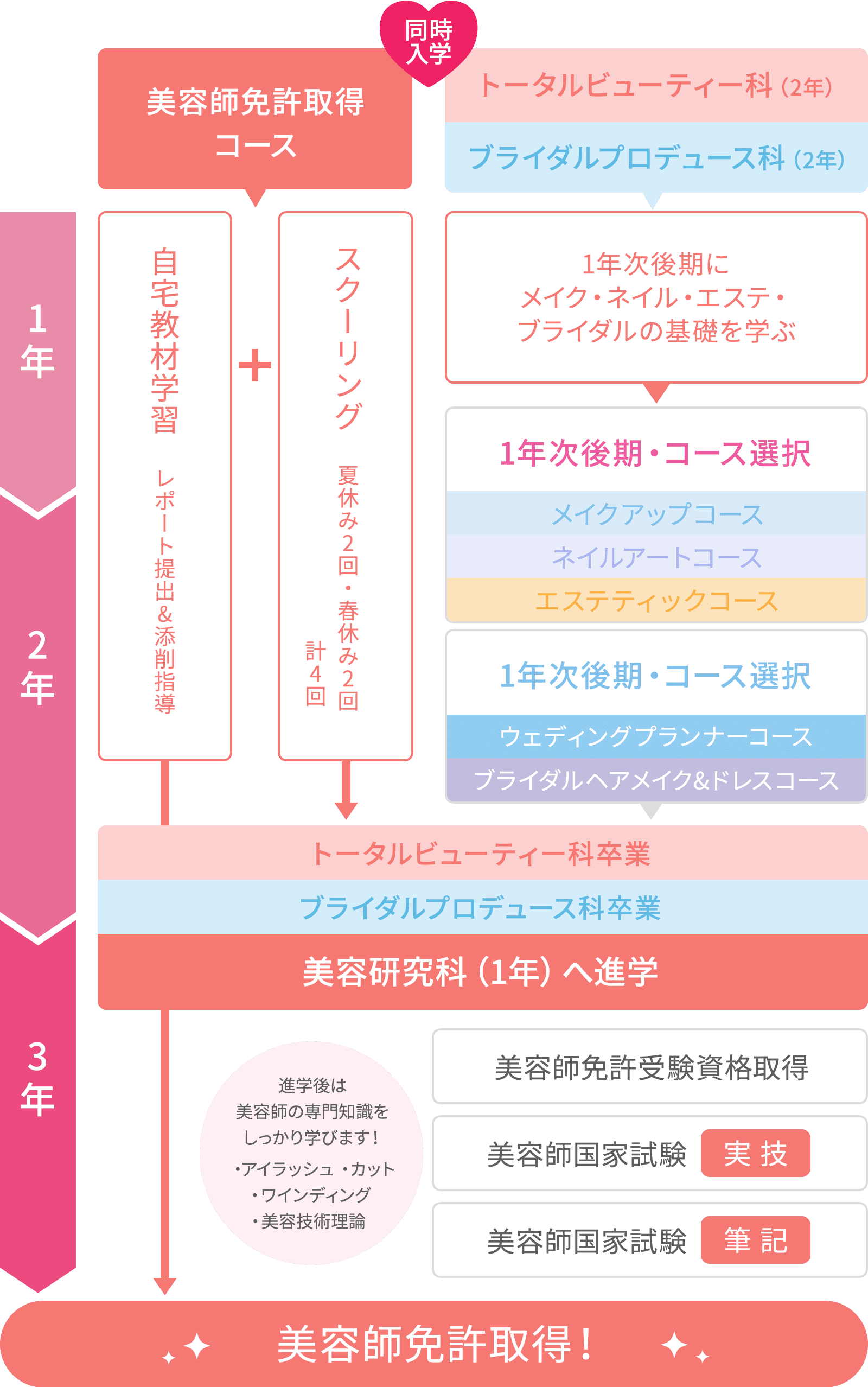図:美容師免許取得コース併修 3年間の流れ