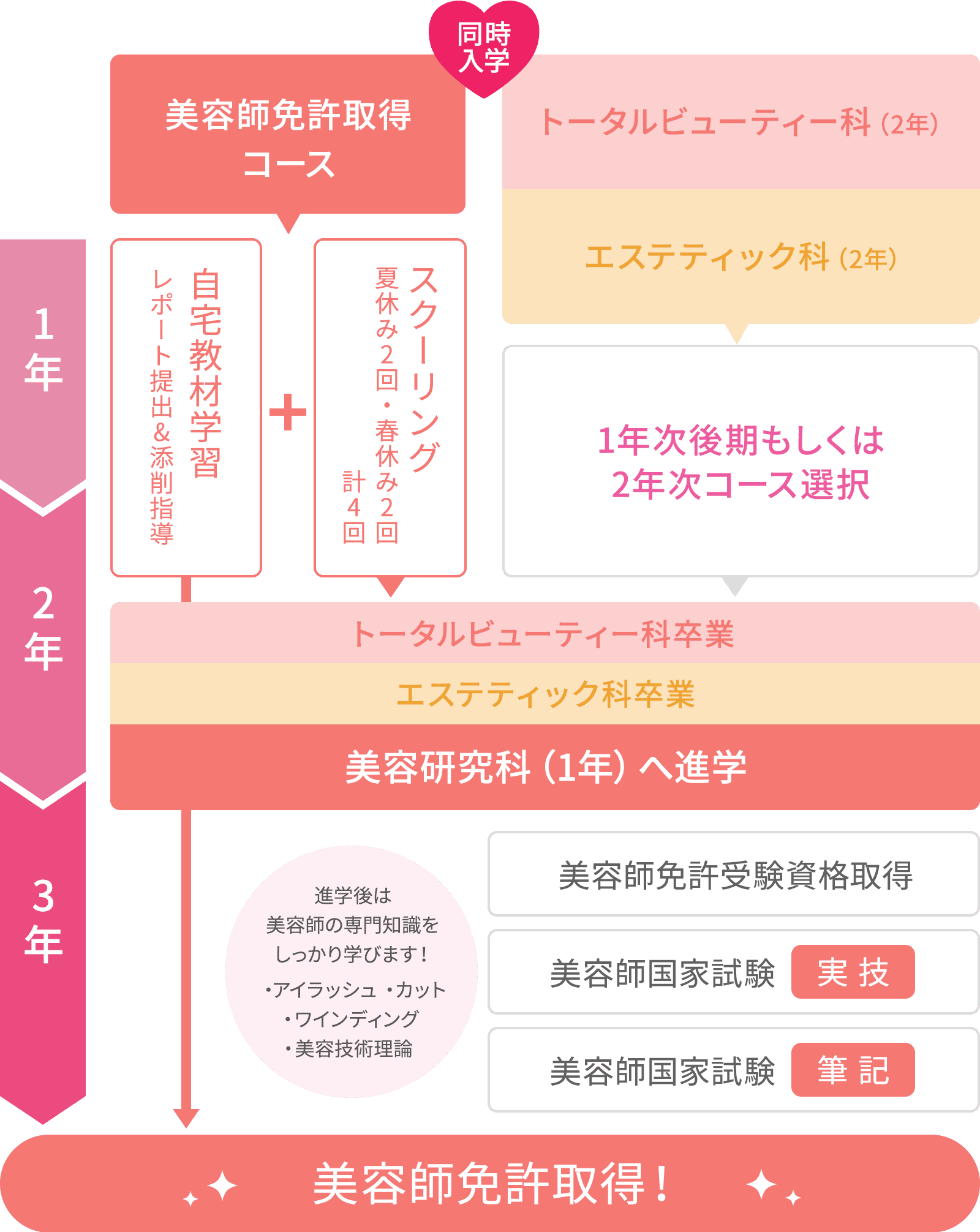 図:美容師免許取得コース併修 3年間の流れ