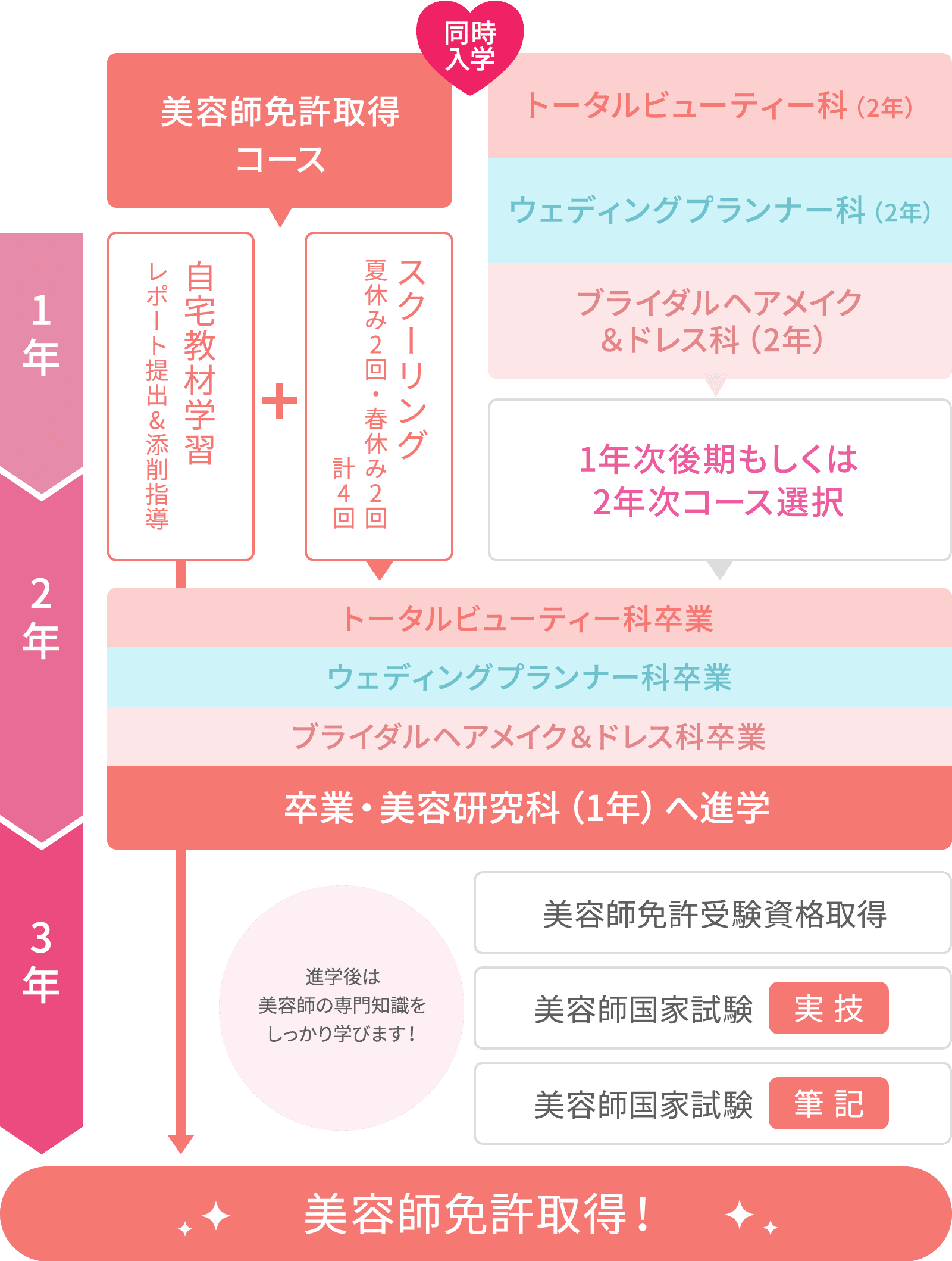 図：美容師免許取得コース併修 3年間の流れ