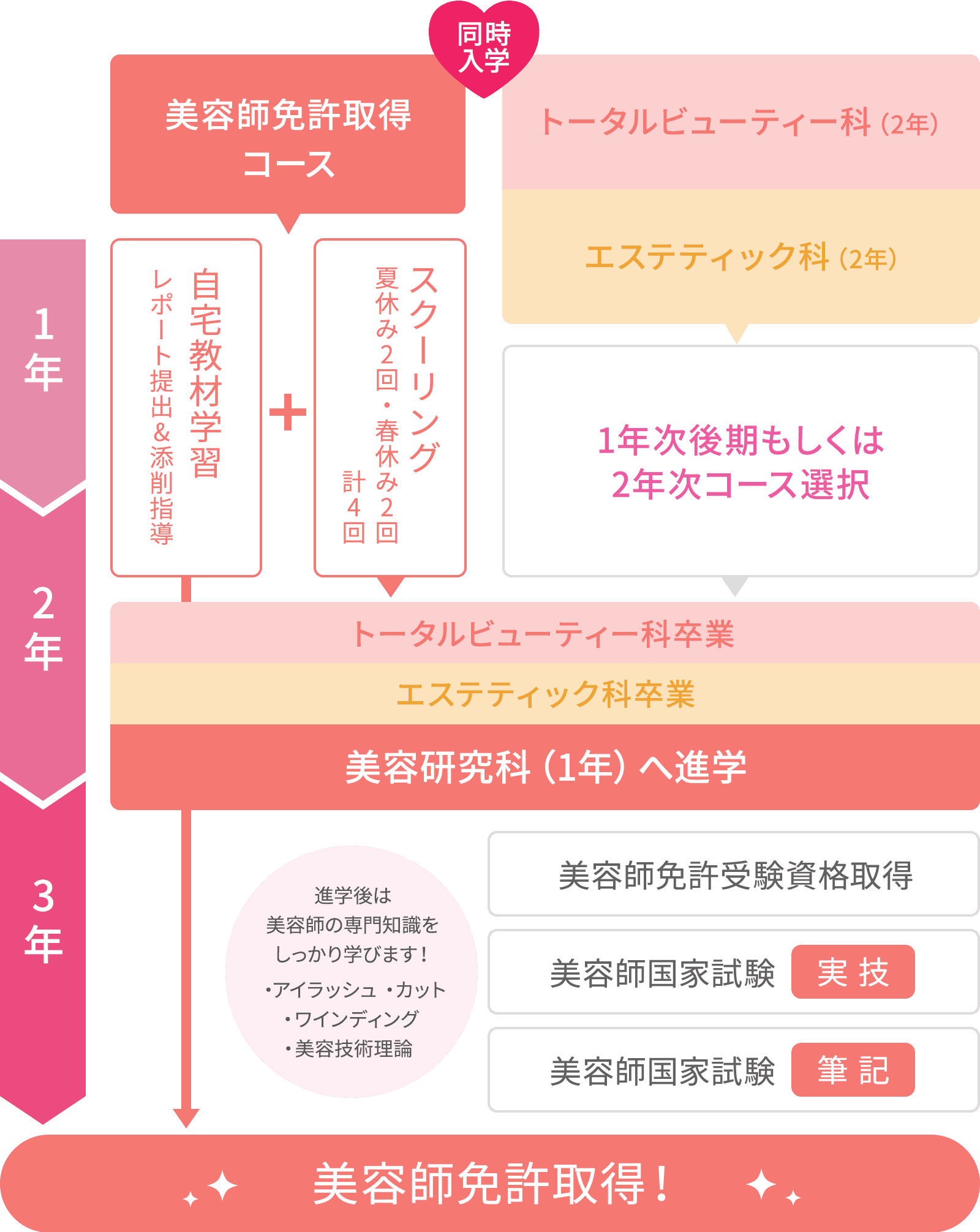 図：美容師免許取得コース併修 3年間の流れ